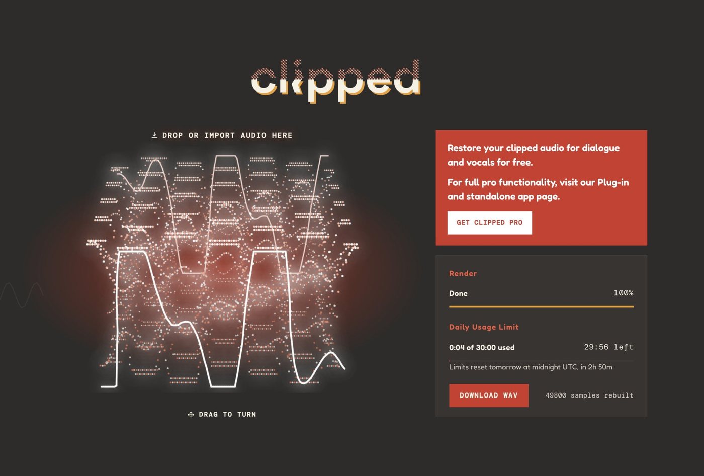 Clipped running in a browser, with the render and daily usage panel beside it