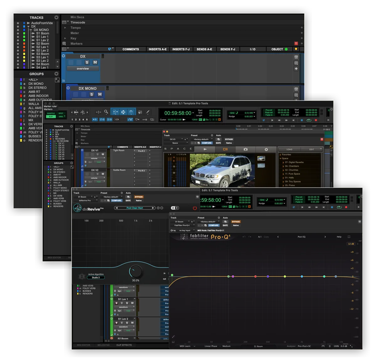 Three views of the 5.1 session stacked: the dialogue track list and groups, the routed session with a reverb open, and the dialogue chain's plug-ins