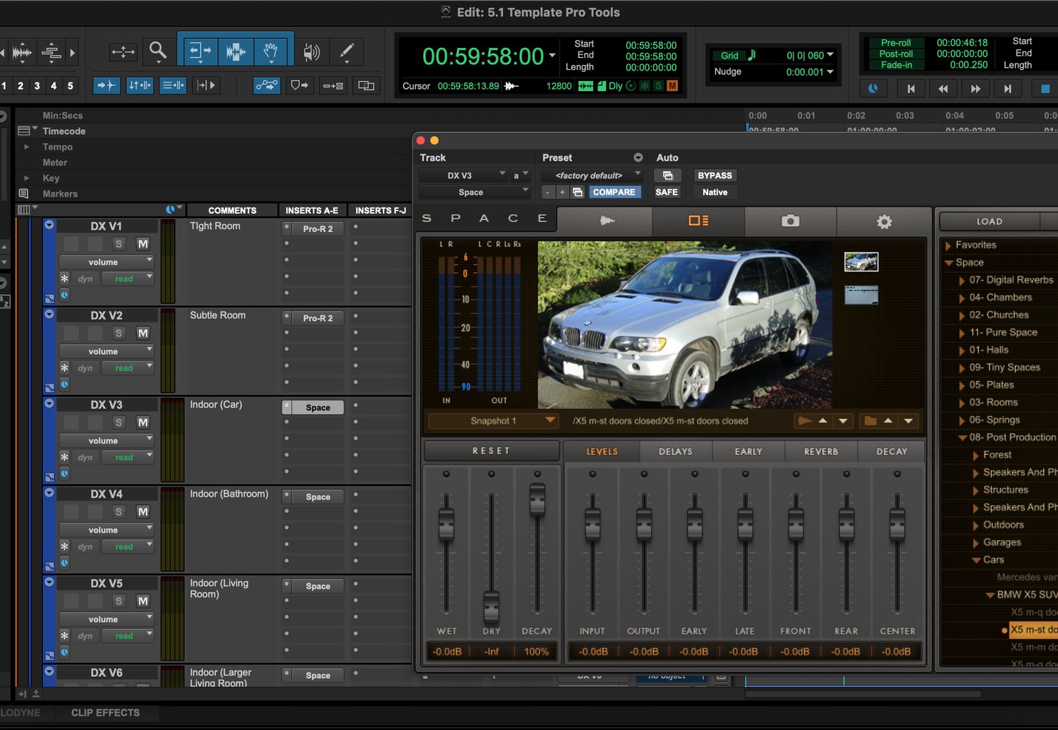 A Pro Tools session showing the dialogue tracks, groups and reverb sends of the 5.1 template